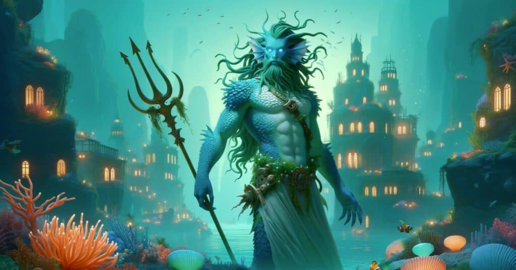 The Triton with blue-green scales, webbed hands, and long flowing hair