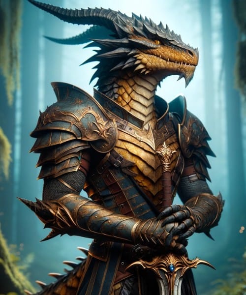Dragonborn standing with sword in forest