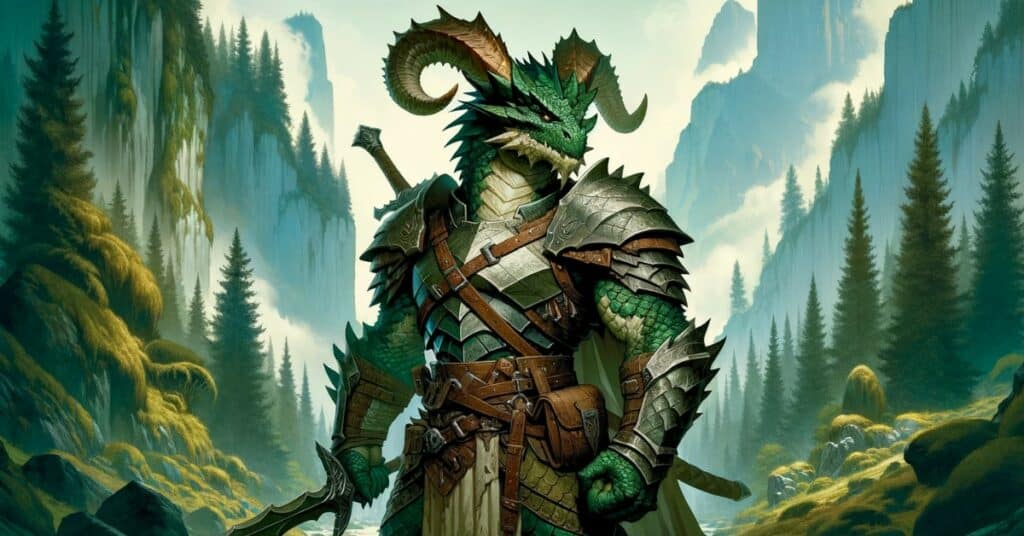 Dragonborn warrior in armor standing with a large sword in hand
