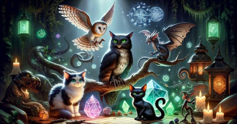 5e familiars gathered in an enchanted forest