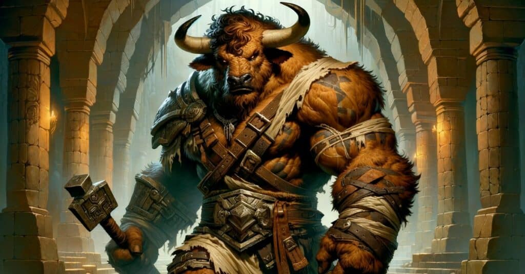 A Minotaur with brown fur and sharp horns wielding a large axe