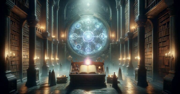 A dimly lit library with towering bookshelves filled with old tomes surround a large desk with a glowing orb