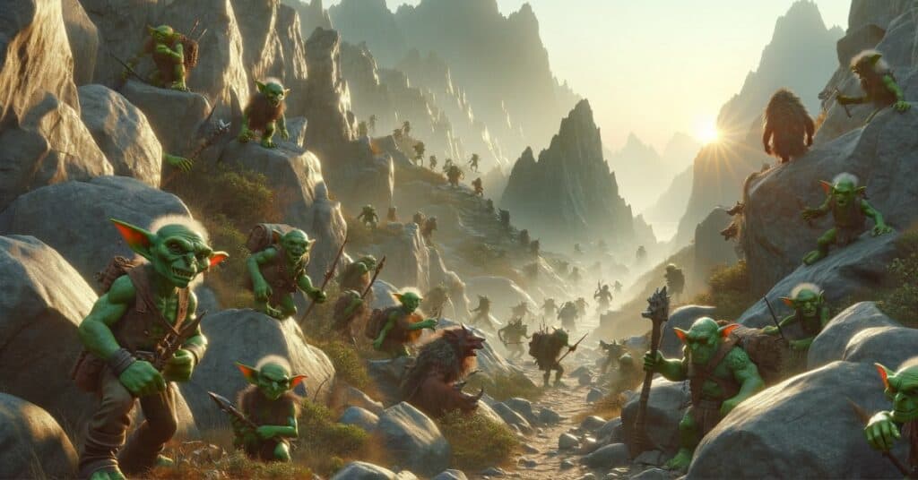 Goblins hide and strategize in a mountainous pass