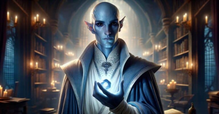 A blue-skinned Vedalken standing in a mystical library