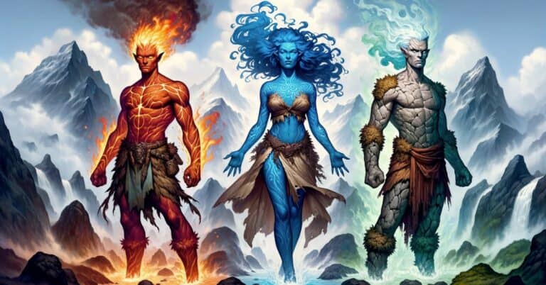 Three Genasi characters representing Fire, Water, and Earth