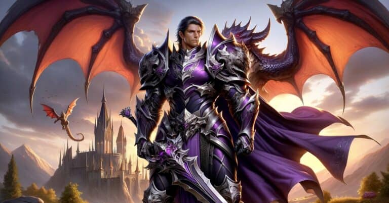 A Purple Dragon Knight in full armor with a castle and a flying dragon in the background