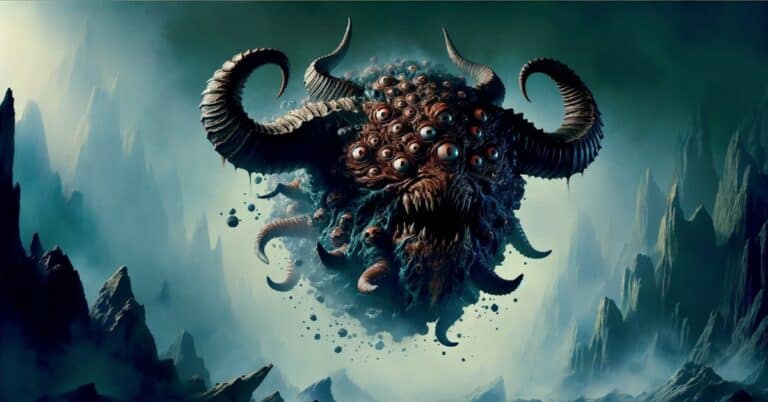 A massive demon with numerous eyes, horns, and tentacles floating in the dark
