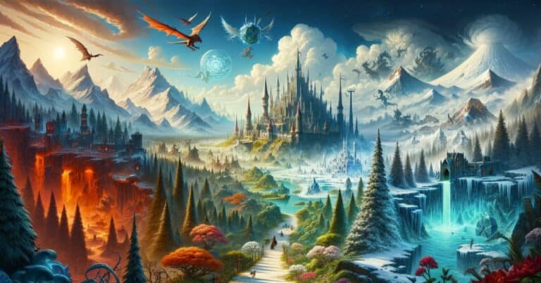 An expansive and vividly detailed fantasy landscape illustrating diverse D&D 5e campaign settings