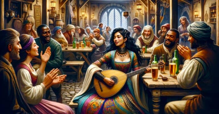 A colorful medieval tavern bustling with activity and music