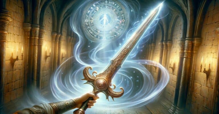 Sword of Answering with glowing blade and intricately designed hilt