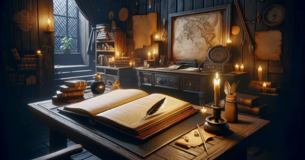 An open book, quill, and ink on a wooden table illuminated by candlelight