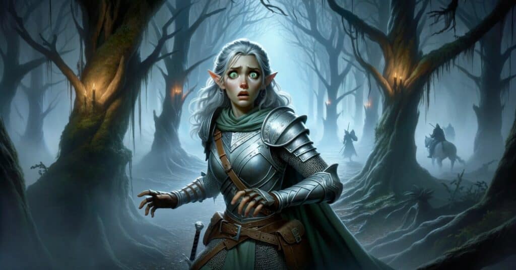 A frightened female elf in a dark misty forest