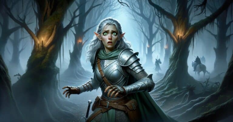 A frightened female elf in a dark misty forest