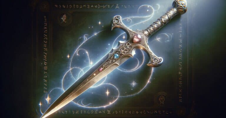 Luck Blade with a glowing steel blade and ornate hilt adorned with shimmering gems