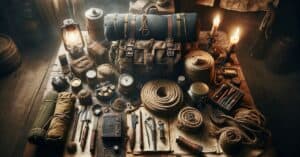 An array of explorer's gear arranged on a wooden table with maps and a compass
