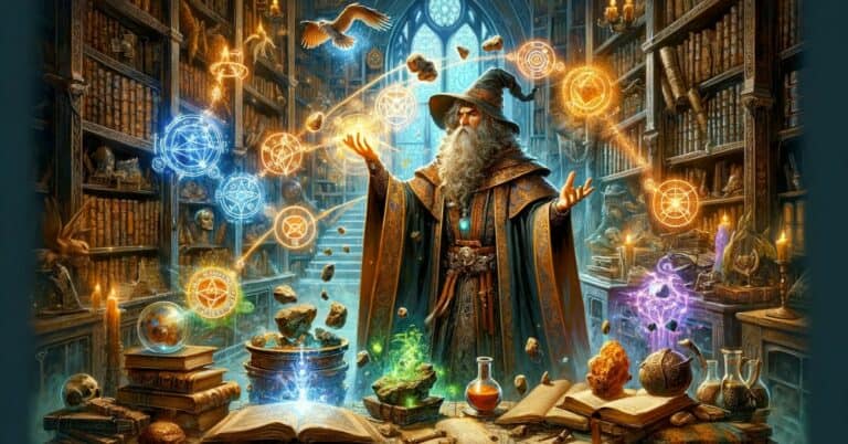 A male wizard in a mystical library, casting a spell