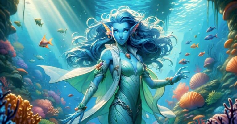 A Sea Elf with long blue hair and aquamarine skin swimming underwater