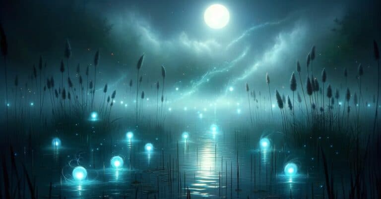 An ethereal blue Will o' Wisp floating above a dark marsh under a cloud-veiled full moon, casting a mystical glow on the water's surface