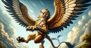 A griffon in flight, with eagle-like wings and head, lion's body, against a blue sky