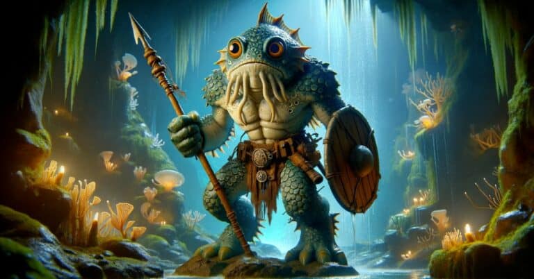 A Kuo-Toa wielding a spear in a swamp