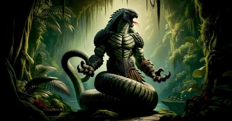 A menacing Yuan-Ti Abomination with a serpent-like body in a dark jungle