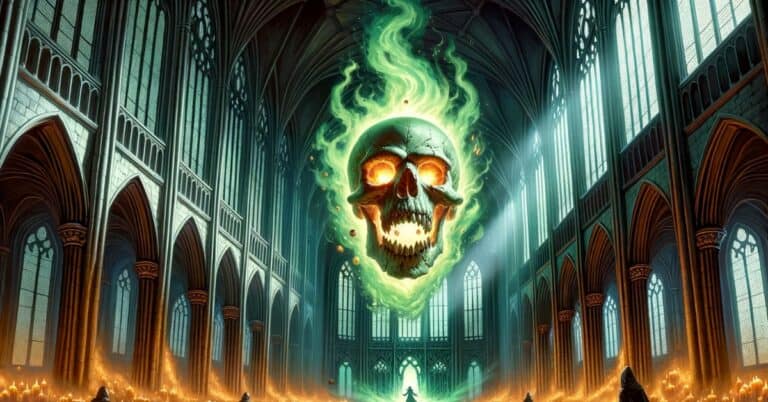 Flameskull in an abandoned cathedral with tall Gothic windows