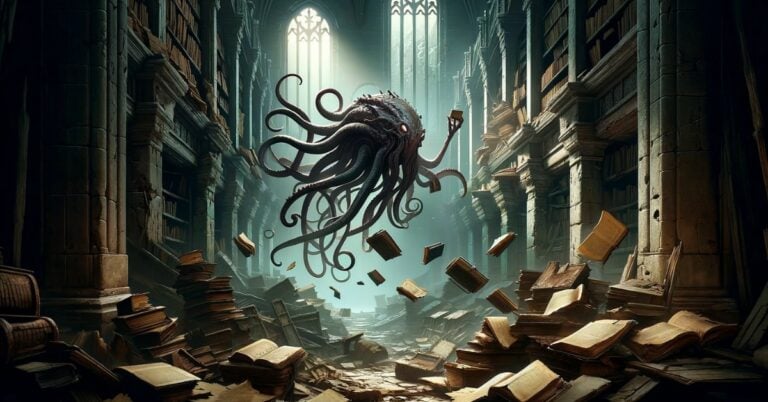 A Grell floating in the ruins of an ancient library