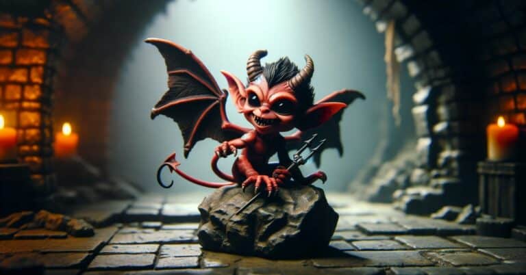 A small, devilish Imp from Dungeons & Dragons 5e, perched on a stone in a dark dungeon