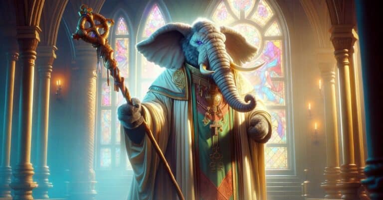 A Loxodon Cleric holding a staff and wearing cleric robe