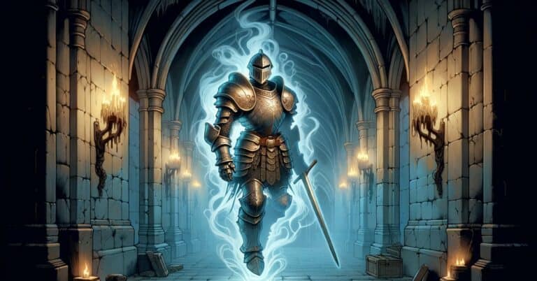 A suit of armor standing in a dimly lit castle corridor