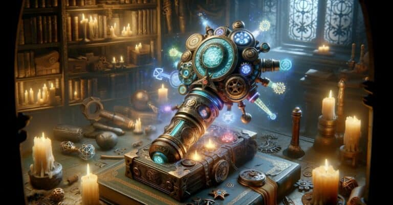 A mystical gadget with various intricate tools and magical glyphs