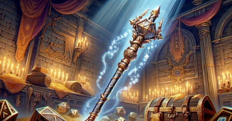 An ornate metal rod glowing with magical runes in the middle of a treasure-filled room