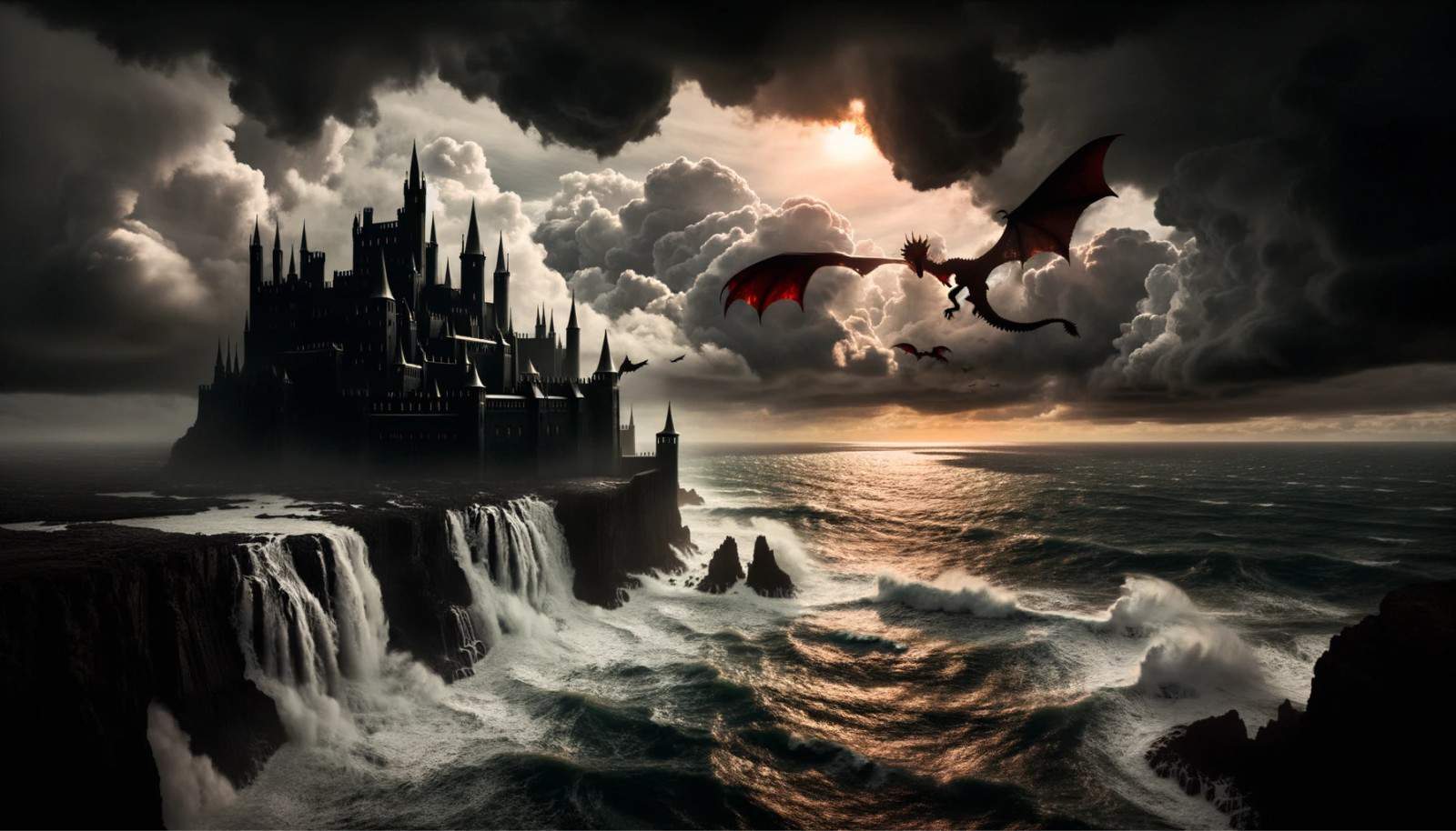 Black Castle with Dragons Flying Around