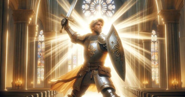 A knight radiates divine light in a majestic cathedral, embodying the Blessed Warrior Fighting Style.