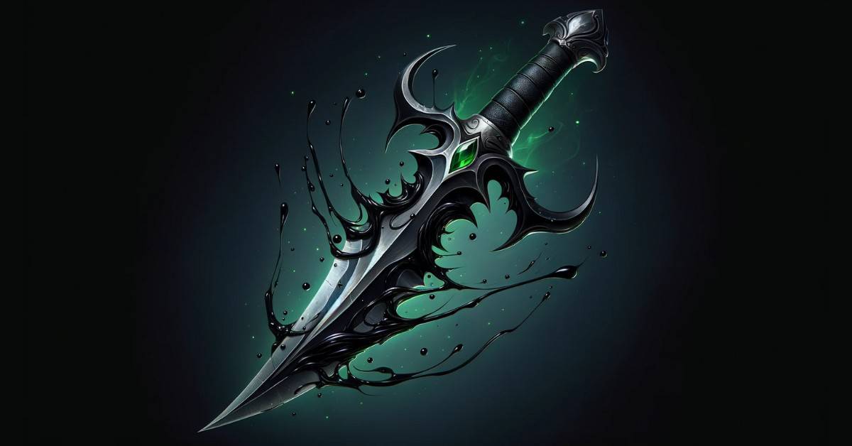 A dagger with a serpentine design and glowing green jewel