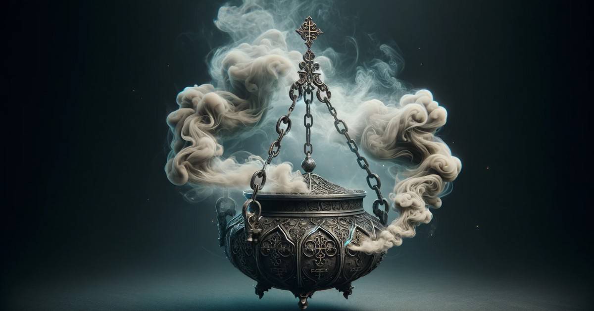 An ornate incense burner suspended by chains