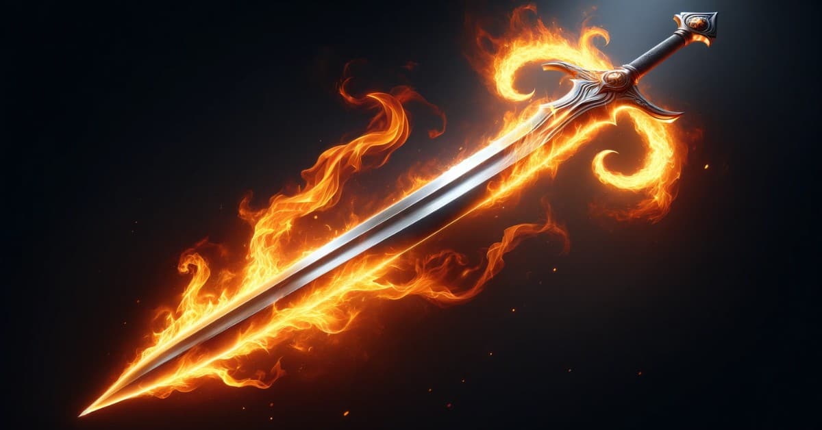 A flaming sword with intricate designs on the hilt, engulfed in swirling orange and yellow flames against a dark background.