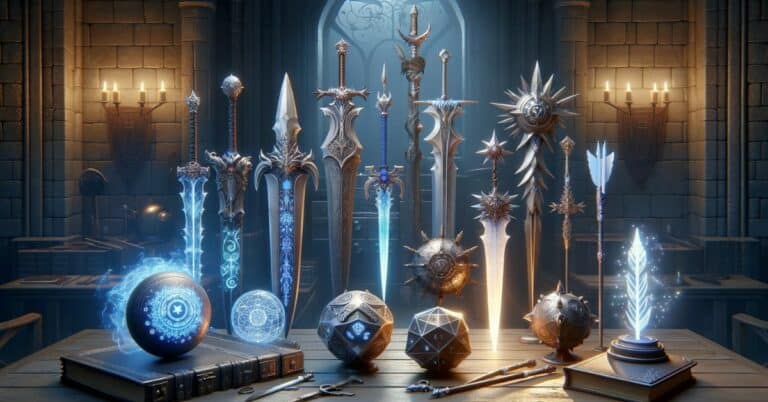 An array of magical weapons from including swords, a mace, and arrows, each glowing with mystical energy